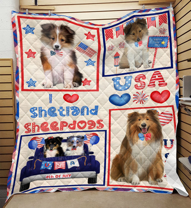 4th of July Independence Day I Love USA Shetland Sheepdogs Quilt Bed Coverlet Bedspread - Pets Comforter Unique One-side Animal Printing - Soft Lightweight Durable Washable Polyester Quilt