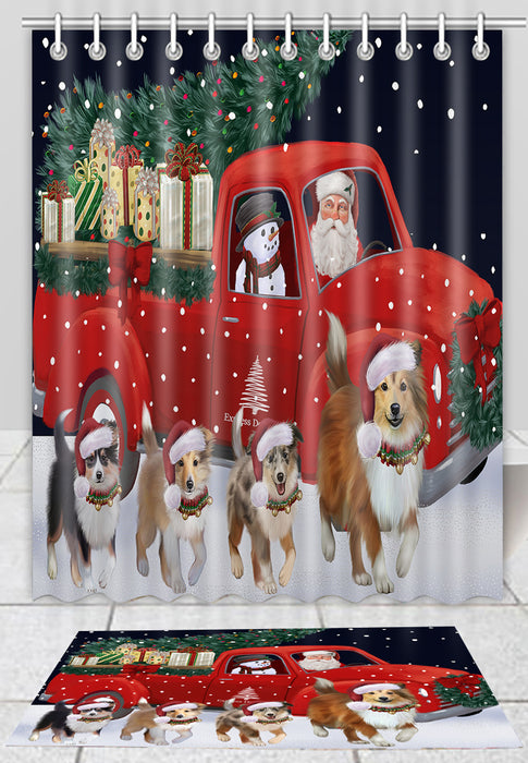 Christmas Express Delivery Red Truck Running Shetland Sheepdogs Bath Mat and Shower Curtain Combo