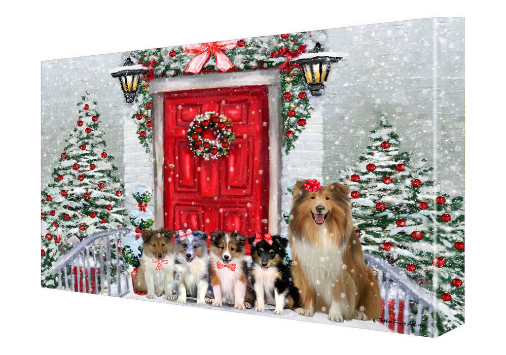 Christmas Holiday Welcome Shetland Sheepdogs Canvas Wall Art - Premium Quality Ready to Hang Room Decor Wall Art Canvas - Unique Animal Printed Digital Painting for Decoration