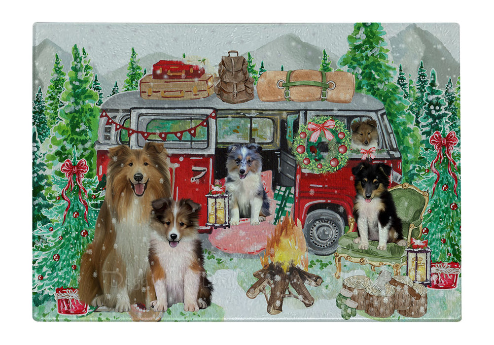 Christmas Time Camping with Shetland Sheepdogs Cutting Board - For Kitchen - Scratch & Stain Resistant - Designed To Stay In Place - Easy To Clean By Hand - Perfect for Chopping Meats, Vegetables