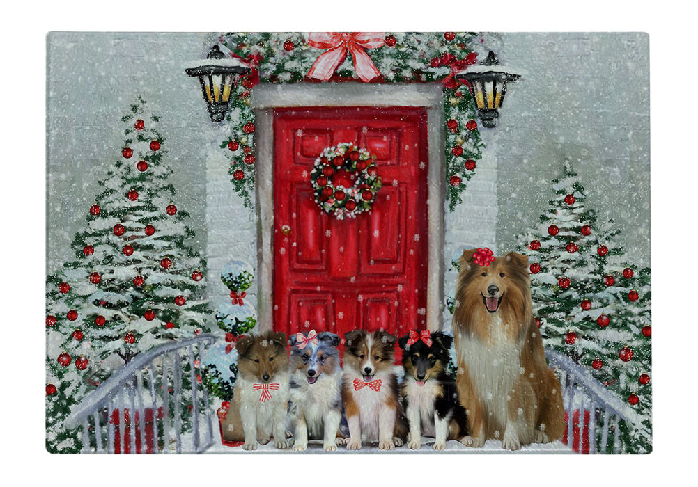 Christmas Holiday Welcome Shetland Sheepdogs Cutting Board - For Kitchen - Scratch & Stain Resistant - Designed To Stay In Place - Easy To Clean By Hand - Perfect for Chopping Meats, Vegetables