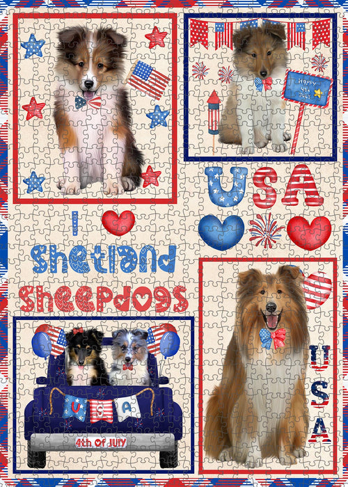 4th of July Independence Day I Love USA Shetland Sheepdogs Portrait Jigsaw Puzzle for Adults Animal Interlocking Puzzle Game Unique Gift for Dog Lover's with Metal Tin Box