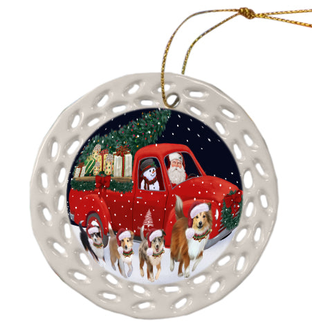 Christmas Express Delivery Red Truck Running Shetland Sheepdog Doily Ornament DPOR59295