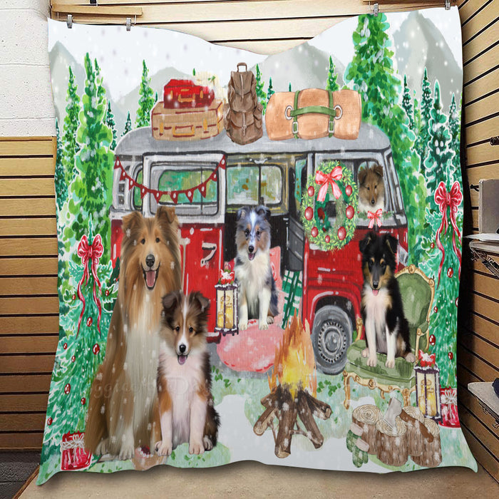 Christmas Time Camping with Shetland Sheepdogs  Quilt Bed Coverlet Bedspread - Pets Comforter Unique One-side Animal Printing - Soft Lightweight Durable Washable Polyester Quilt