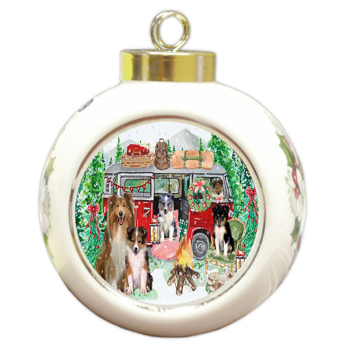 Christmas Time Camping with Shetland Sheepdogs Round Ball Christmas Ornament Pet Decorative Hanging Ornaments for Christmas X-mas Tree Decorations - 3" Round Ceramic Ornament