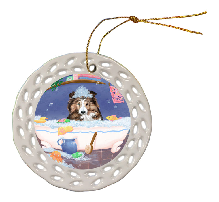Rub A Dub Dog In A Tub Shetland Sheepdog Doily Ornament DPOR58336
