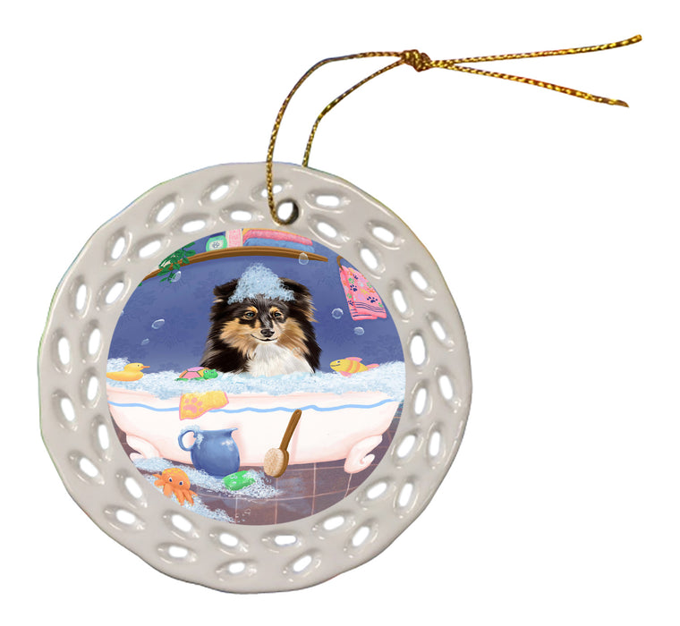 Rub A Dub Dog In A Tub Shetland Sheepdog Doily Ornament DPOR58334