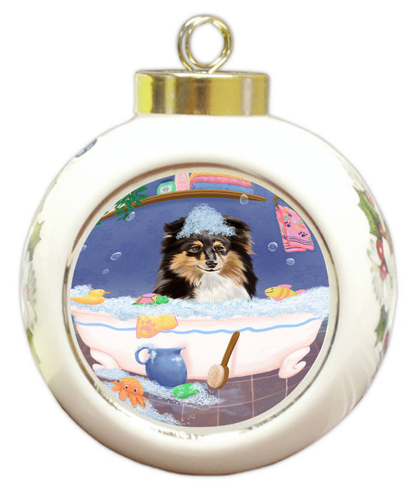 Rub A Dub Dog In A Tub Shetland Sheepdog Round Ball Christmas Ornament RBPOR58667