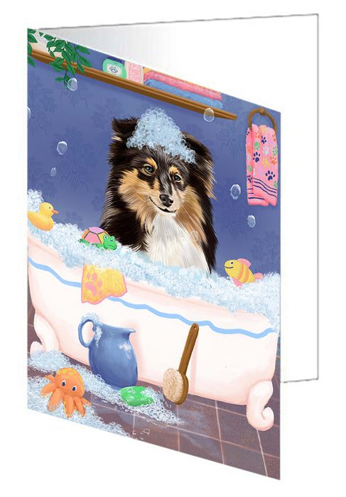 Rub A Dub Dog In A Tub Shetland Sheepdog Handmade Artwork Assorted Pets Greeting Cards and Note Cards with Envelopes for All Occasions and Holiday Seasons GCD79643