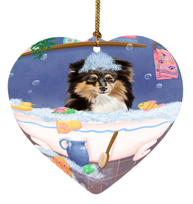 Rub A Dub Dog In A Tub Shetland Sheepdog Heart Christmas Ornament HPORA58683