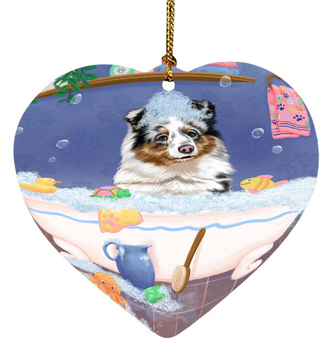 Rub A Dub Dog In A Tub Shetland Sheepdog Heart Christmas Ornament HPORA58684