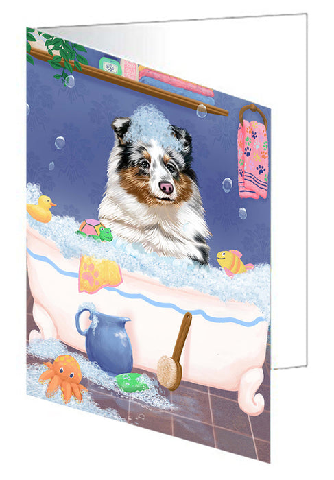 Rub A Dub Dog In A Tub Shetland Sheepdog Handmade Artwork Assorted Pets Greeting Cards and Note Cards with Envelopes for All Occasions and Holiday Seasons GCD79646