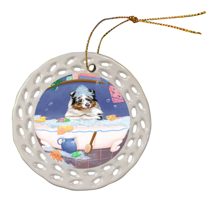 Rub A Dub Dog In A Tub Shetland Sheepdog Doily Ornament DPOR58335