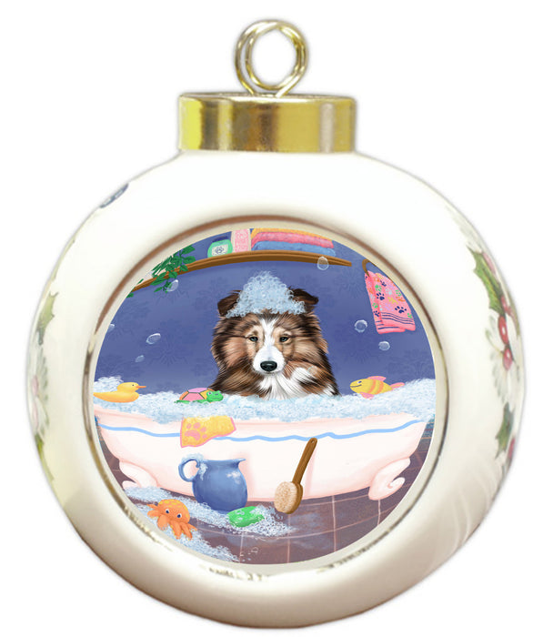 Rub A Dub Dog In A Tub Shetland Sheepdog Round Ball Christmas Ornament RBPOR58669