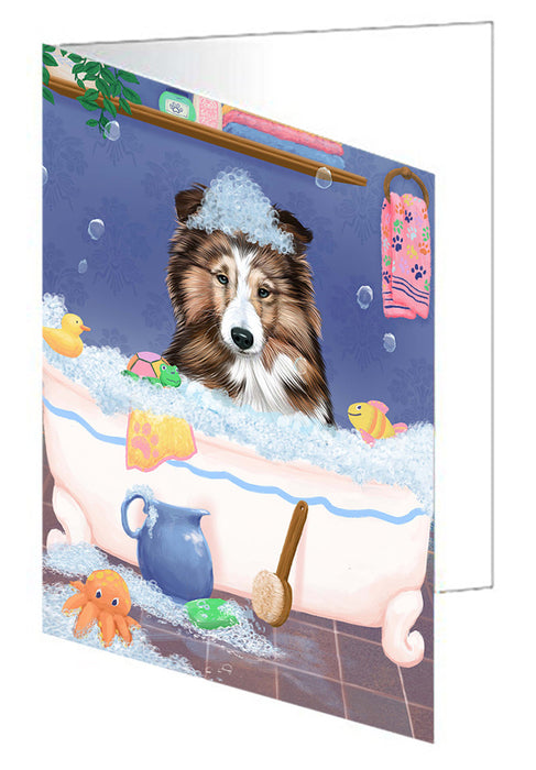 Rub A Dub Dog In A Tub Shetland Sheepdog Handmade Artwork Assorted Pets Greeting Cards and Note Cards with Envelopes for All Occasions and Holiday Seasons GCD79649