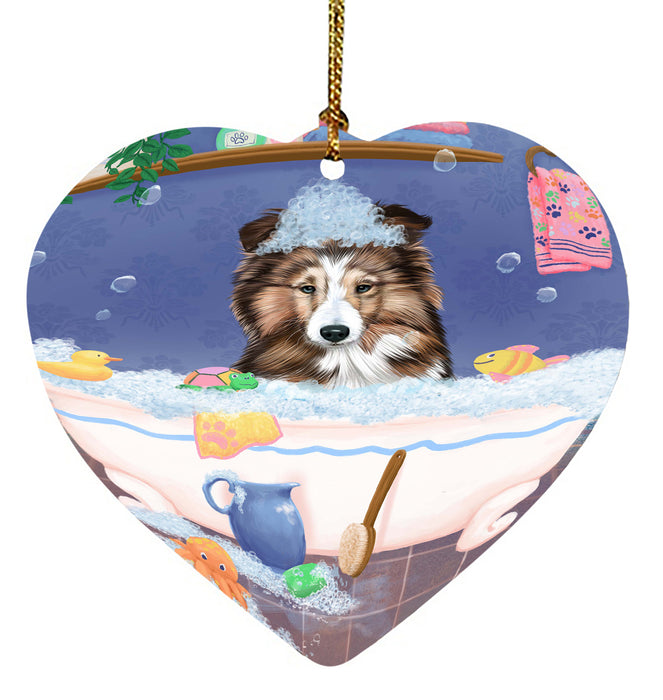 Rub A Dub Dog In A Tub Shetland Sheepdog Heart Christmas Ornament HPORA58685