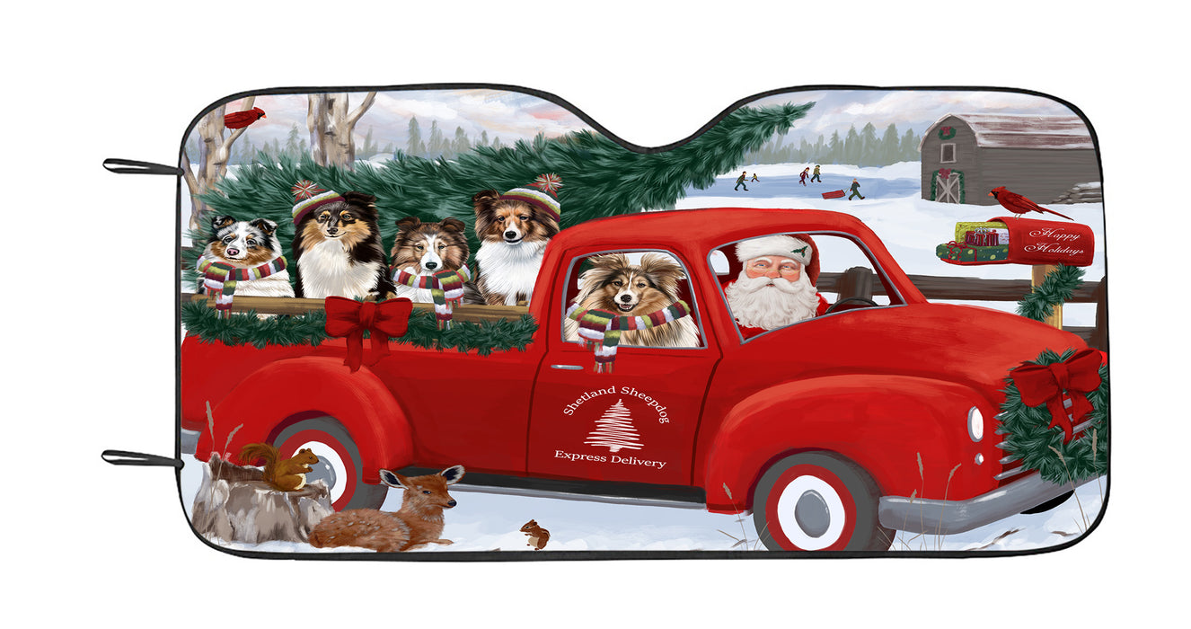 Christmas Santa Express Delivery Red Truck Shetland Sheepdogs Car Sun Shade