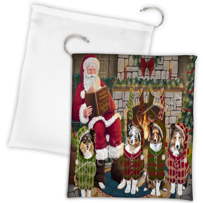Christmas Cozy Holiday Fire Tails Shetland Sheepdogs Drawstring Laundry or Gift Bag LGB48533