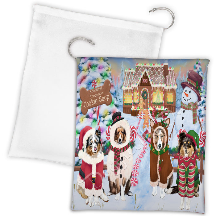 Holiday Gingerbread Cookie Shetland Sheepdogs Shop Drawstring Laundry or Gift Bag LGB48632