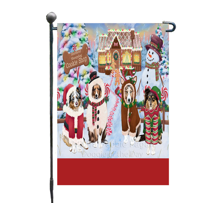Personalized Holiday Gingerbread Cookie Shop Shetland Sheepdogs Custom Garden Flags GFLG-DOTD-A59237