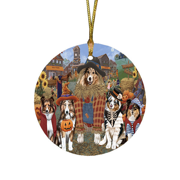 Halloween 'Round Town And Fall Pumpkin Scarecrow Both Shetland Sheepdogs Round Flat Christmas Ornament RFPOR57606