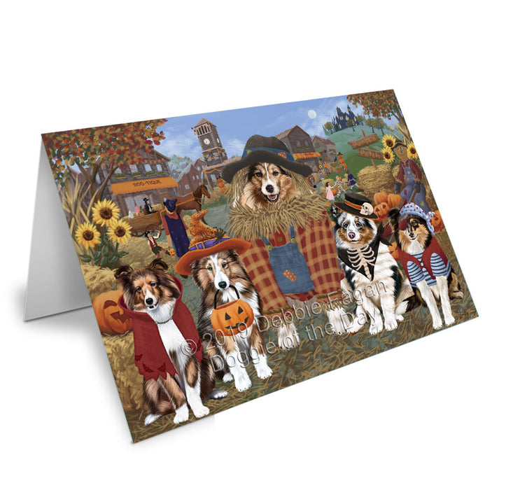 Halloween 'Round Town Shetland Sheepdogs Handmade Artwork Assorted Pets Greeting Cards and Note Cards with Envelopes for All Occasions and Holiday Seasons GCD78452