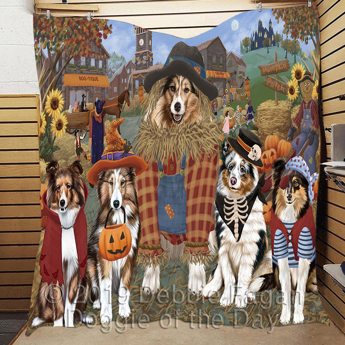 Halloween 'Round Town and Fall Pumpkin Scarecrow Both Shetland Sheepdogs Quilt