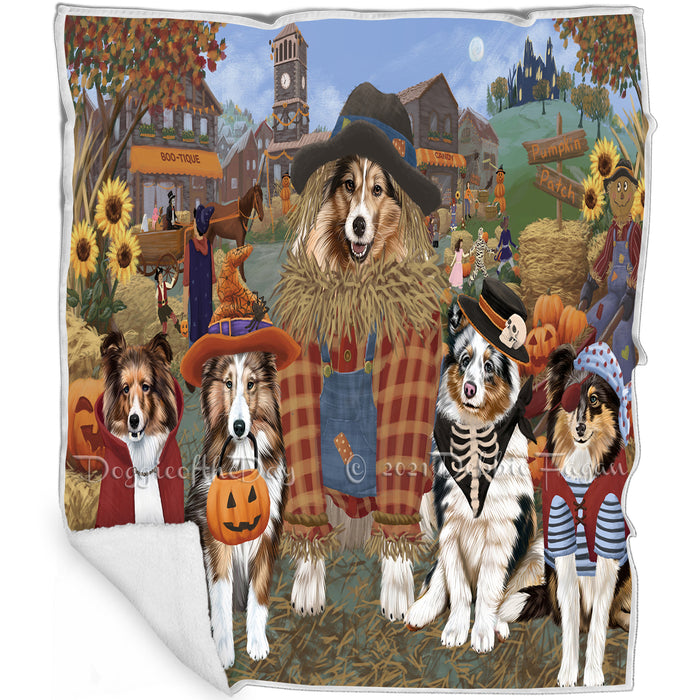 Halloween 'Round Town And Fall Pumpkin Scarecrow Both Shetland Sheepdogs Blanket BLNKT143646