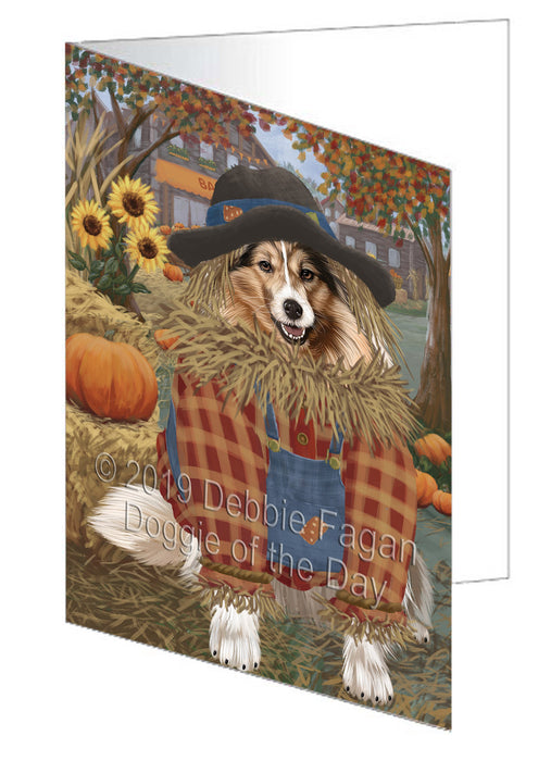 Fall Pumpkin Scarecrow Shetland Sheepdogs Handmade Artwork Assorted Pets Greeting Cards and Note Cards with Envelopes for All Occasions and Holiday Seasons GCD78635