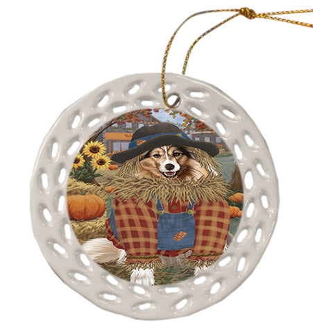 Fall Pumpkin Scarecrow Shetland Sheepdogs Ceramic Doily Ornament DPOR57763