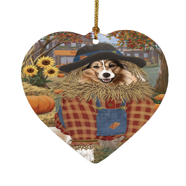 Fall Pumpkin Scarecrow Shetland Sheepdogs Heart Christmas Ornament HPOR57763