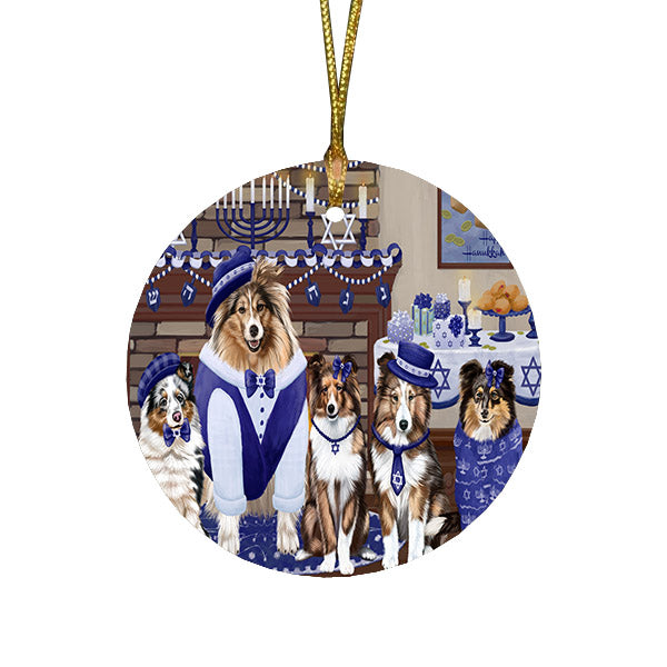 Happy Hanukkah Family and Happy Hanukkah Both Shetland Sheepdogs Round Flat Christmas Ornament RFPOR57636