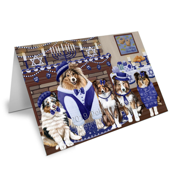 Happy Hanukkah Family Shetland Sheepdogs Handmade Artwork Assorted Pets Greeting Cards and Note Cards with Envelopes for All Occasions and Holiday Seasons GCD78542