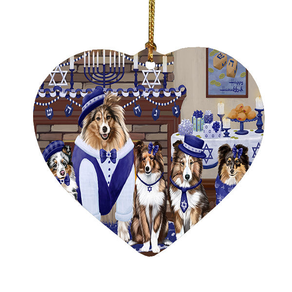 Happy Hanukkah Family Shetland Sheepdogs Heart Christmas Ornament HPOR57732