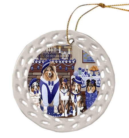 Happy Hanukkah Family Shetland Sheepdogs Ceramic Doily Ornament DPOR57732