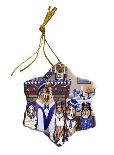 Happy Hanukkah Family Shetland Sheepdogs Star Porcelain Ornament SPOR57732