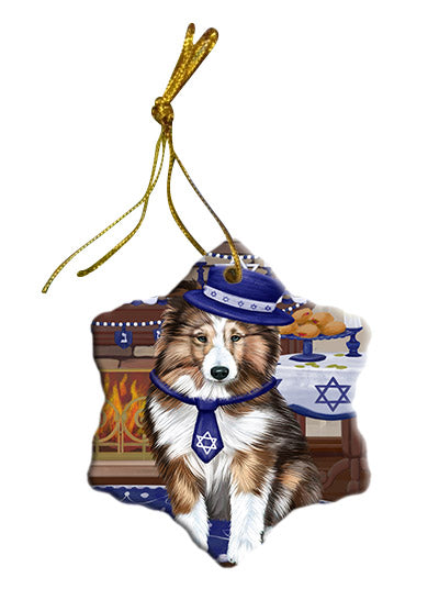 Happy Hanukkah Shetland Sheepdog Star Porcelain Ornament SPOR57793