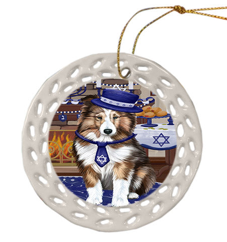 Happy Hanukkah Shetland Sheepdog Ceramic Doily Ornament DPOR57793