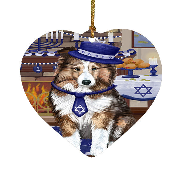 Happy Hanukkah Shetland Sheepdog Heart Christmas Ornament HPOR57793