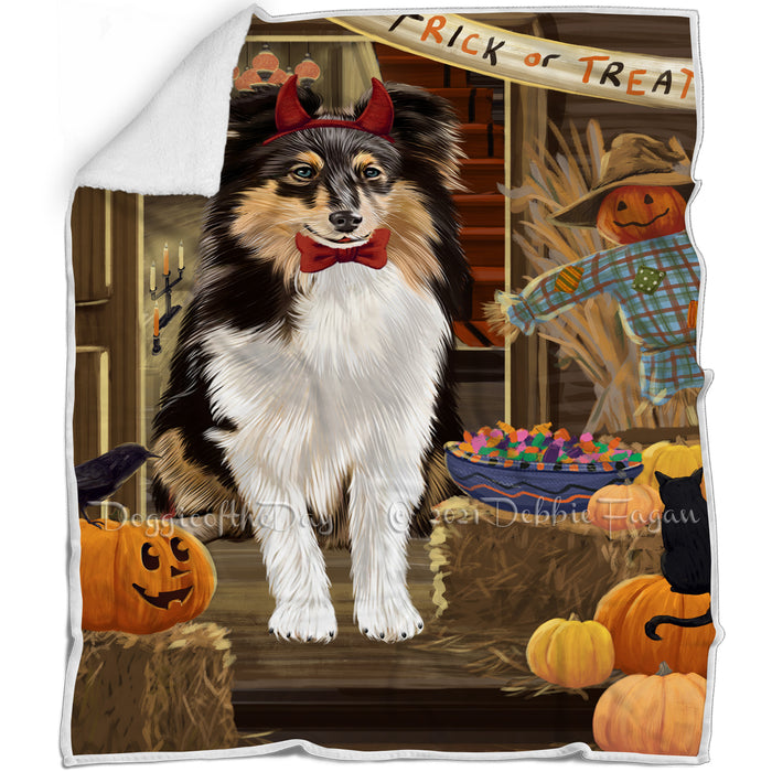 Enter at Own Risk Trick or Treat Halloween Shetland Sheepdog Blanket BLNKT96879