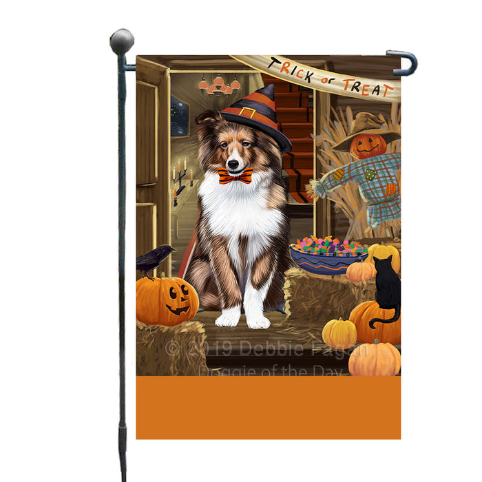 Personalized Enter at Own Risk Trick or Treat Halloween Shetland Sheepdog Custom Garden Flags GFLG-DOTD-A59721