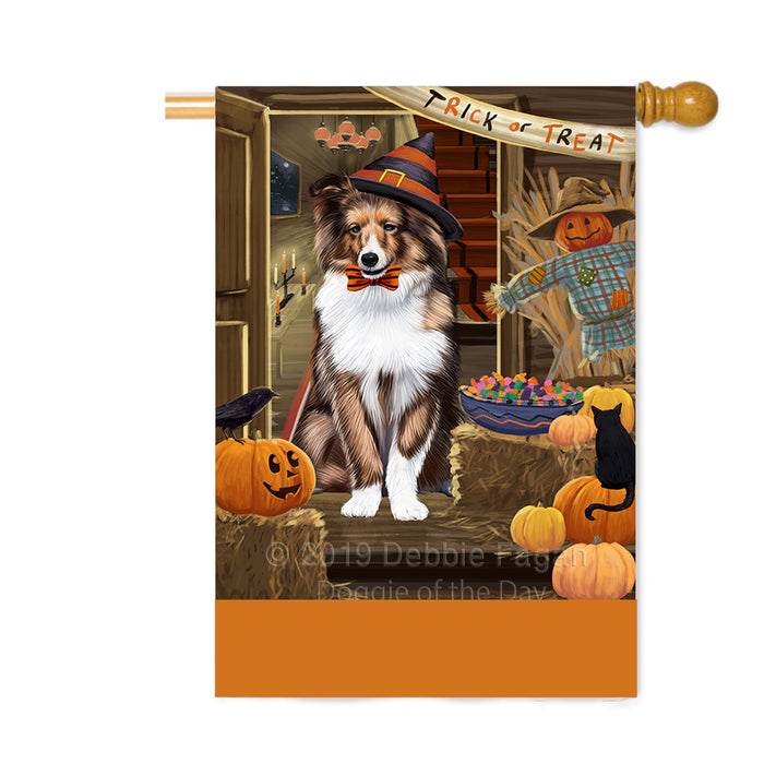 Personalized Enter at Own Risk Trick or Treat Halloween Shetland Sheepdog Custom House Flag FLG-DOTD-A59777