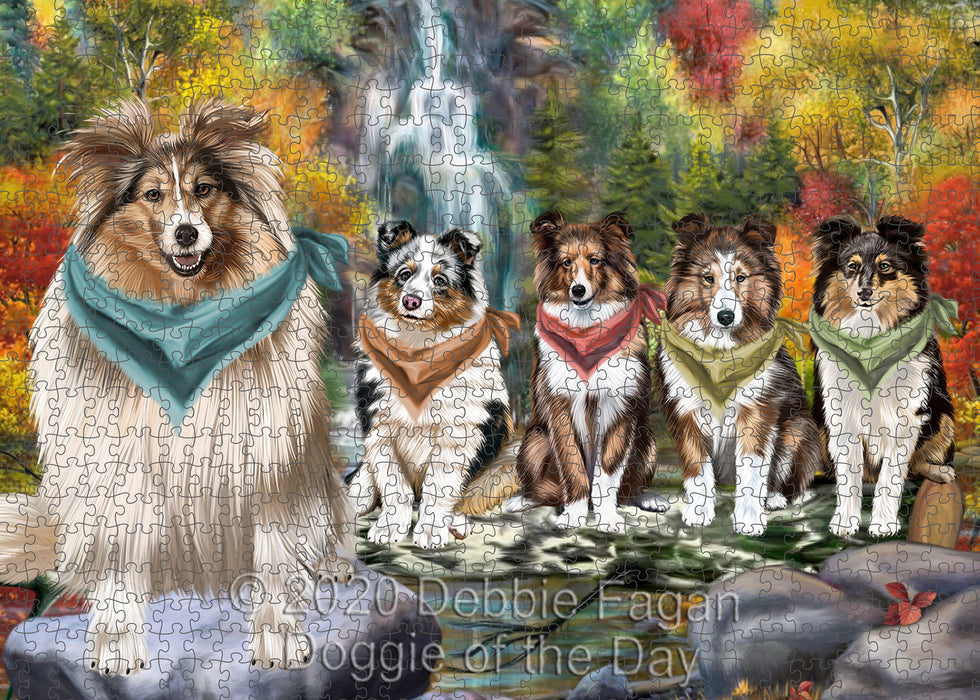Scenic Waterfall Shetland Sheepdogs Portrait Jigsaw Puzzle for Adults Animal Interlocking Puzzle Game Unique Gift for Dog Lover's with Metal Tin Box