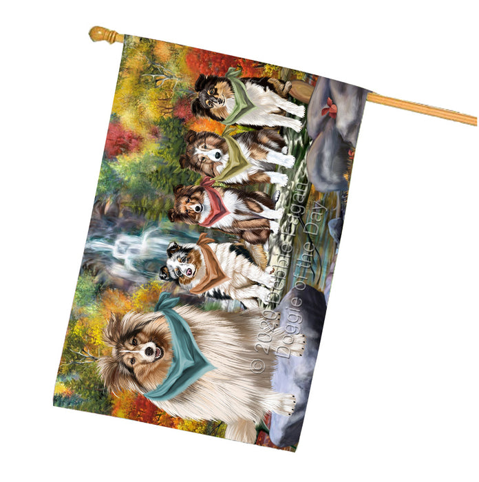 Scenic Waterfall Shetland Sheepdogs House Flag Outdoor Decorative Double Sided Pet Portrait Weather Resistant Premium Quality Animal Printed Home Decorative Flags 100% Polyester