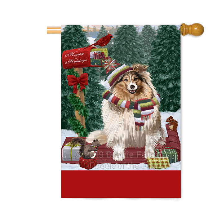 Personalized Merry Christmas Woodland Sled Shetland Sheepdog Custom House Flag FLG-DOTD-A61741