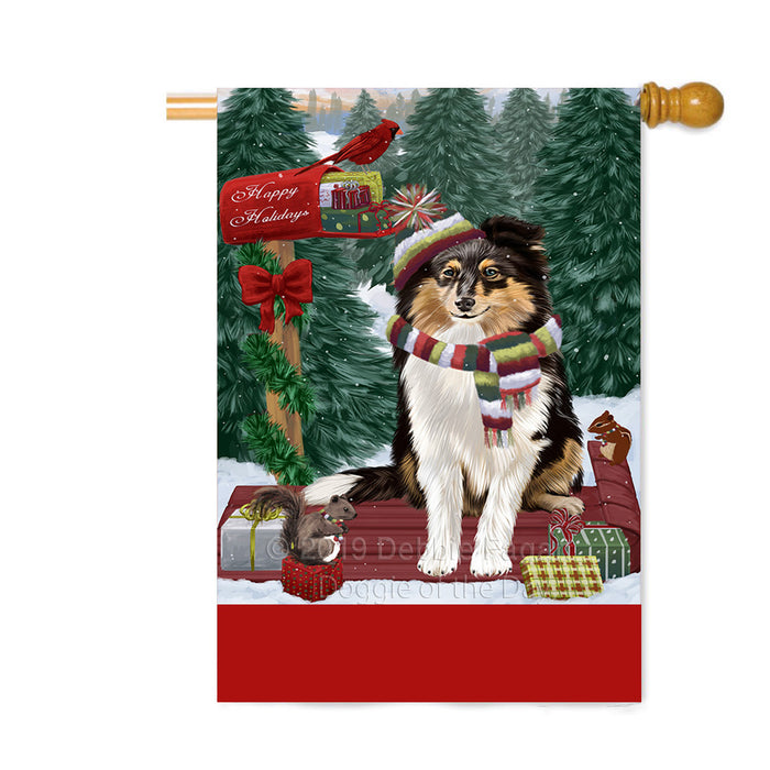 Personalized Merry Christmas Woodland Sled Shetland Sheepdog Custom House Flag FLG-DOTD-A61742