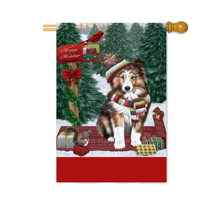 Personalized Merry Christmas Woodland Sled Shetland Sheepdog Custom House Flag FLG-DOTD-A61743