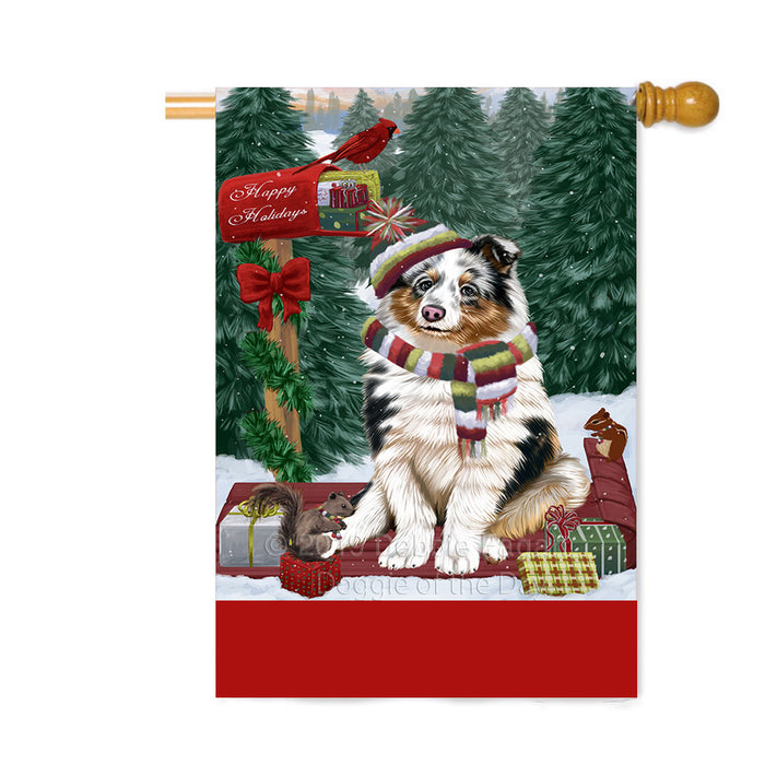 Personalized Merry Christmas Woodland Sled Shetland Sheepdog Custom House Flag FLG-DOTD-A61744
