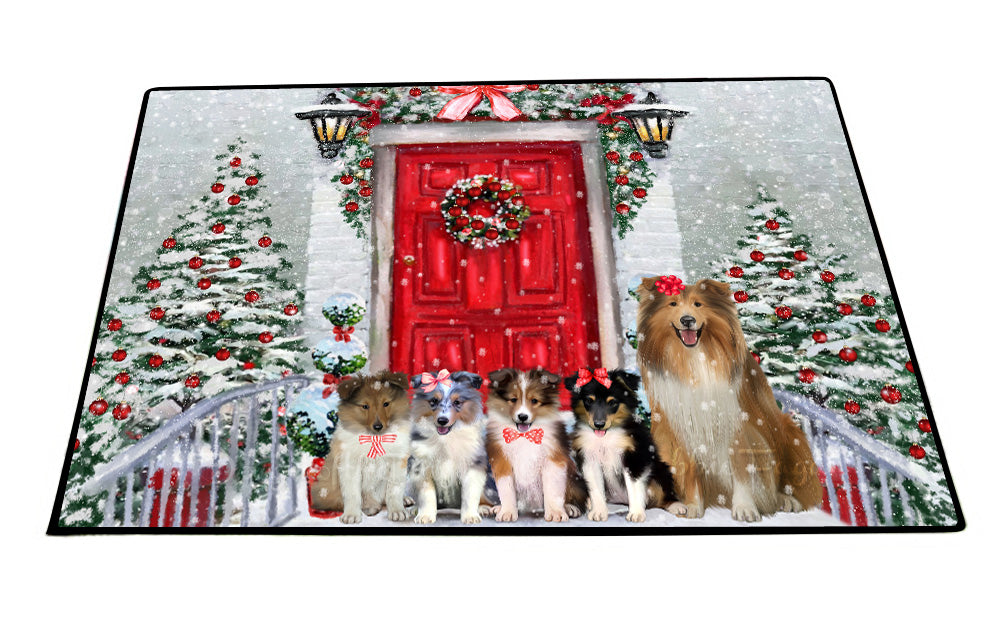 Christmas Holiday Welcome Shetland Sheepdogs Floor Mat- Anti-Slip Pet Door Mat Indoor Outdoor Front Rug Mats for Home Outside Entrance Pets Portrait Unique Rug Washable Premium Quality Mat