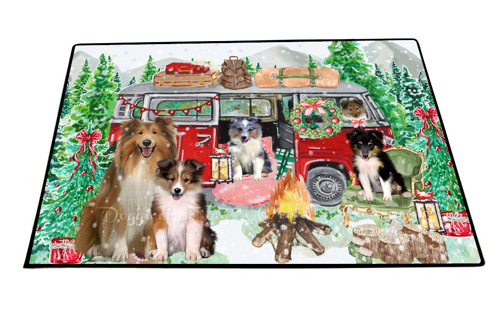 Christmas Time Camping with Shetland Sheepdogs Floor Mat- Anti-Slip Pet Door Mat Indoor Outdoor Front Rug Mats for Home Outside Entrance Pets Portrait Unique Rug Washable Premium Quality Mat